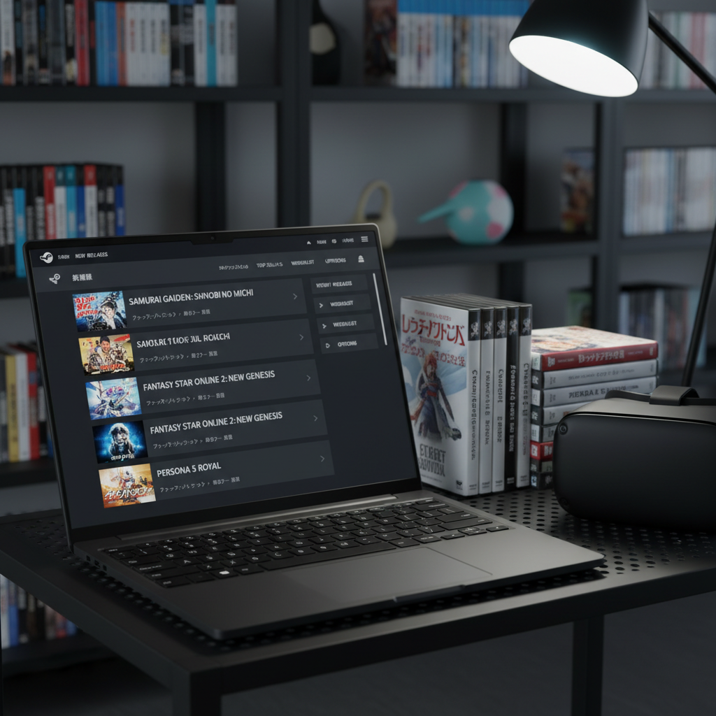 A close-up of a minimalist dark-themed laptop screen showing a clean list of newly released Steam games with Japanese text in the titles and interface elements. The laptop rests on a tidy black metal shelf beside neatly stacked physical game boxes and a small, unbranded VR headset. Cool, focused desk lighting illuminates the keyboard and trackpad, while the background falls into soft bokeh with hints of shelves filled with more game cases. Photographic realism, shot from a slightly elevated angle, emphasizing the clarity of the Japanese characters and interface, creating a calm, professional mood that feels like a curated workspace for tracking new releases.