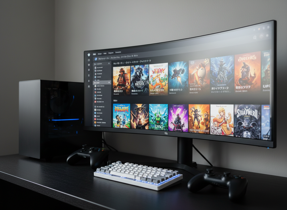 A sleek, modern gaming desk setup centered around a large ultrawide monitor displaying the Steam storefront in Japanese, with crisp cover art tiles filling the screen. A compact black PC case with subtle blue LED accents sits beside it, framed by neatly arranged game controllers and a mechanical keyboard with soft white backlighting. The desk surface is dark wood with a matte finish, against a clean, neutral wall. Soft, diffused daylight from an unseen window creates gentle reflections on the monitor and case, with minimal shadows. Photographic realism, shot at eye level with a slight angle, shallow depth of field so the focus stays on the monitor content, conveying a professional, organized, information-focused atmosphere.